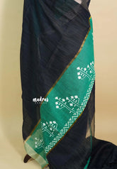 Navy Blue - Handmade jute tussar silk saree with handblock prints